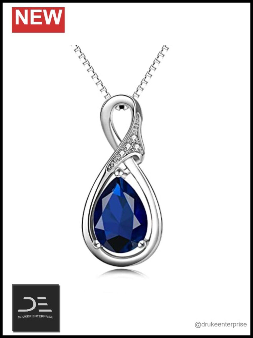 Sterling Silver Diamond & Sapphire Teardrop Pendant Necklace 20" Hypoallergenic